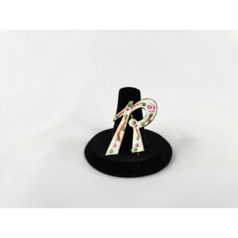 Vintage R Initial Guilloche Letter Brooch Pink Roses Vine Gold Tone Enamel Pin‎